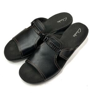 Clarks Black Leather Slip On Chunky Heel Sandals Womens 8